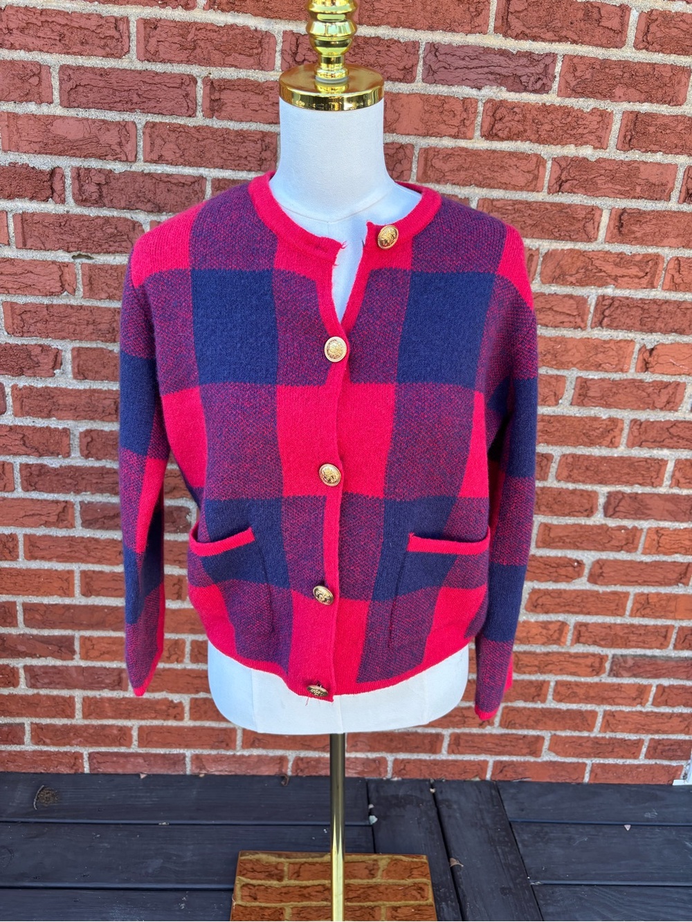 So Me Red and Navy Checked Button-Up Cardigan Jacket Sweater Women Size Medium